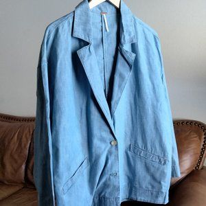 FREE PEOPLE Blue Oversize Boyfriend Blazer Jacket Cotton/Hemp Fabric NWT Size S